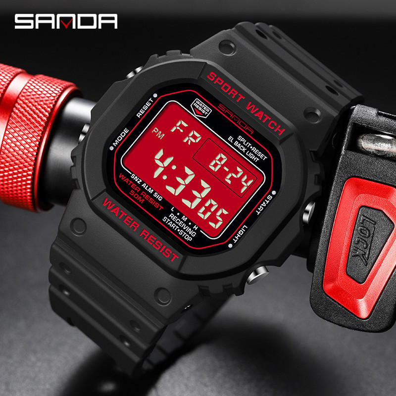 SANDA Jam Tangan Digital Bercahaya Tahan Air Jam Tangan Pria Olahraga elektronik Militer Jam Tangan 
