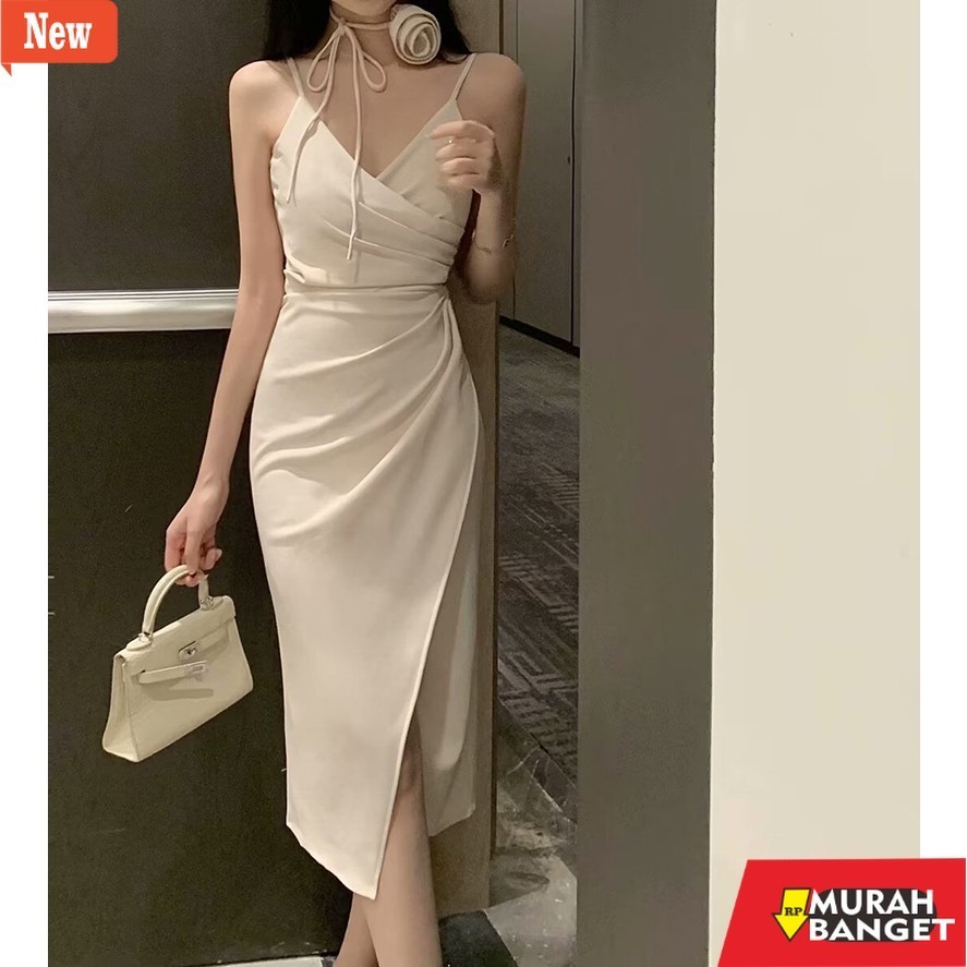 dress wanita kekinian dress putih Pas Body tanpa lengan midi dress terbaru 2024 big size pantai prom