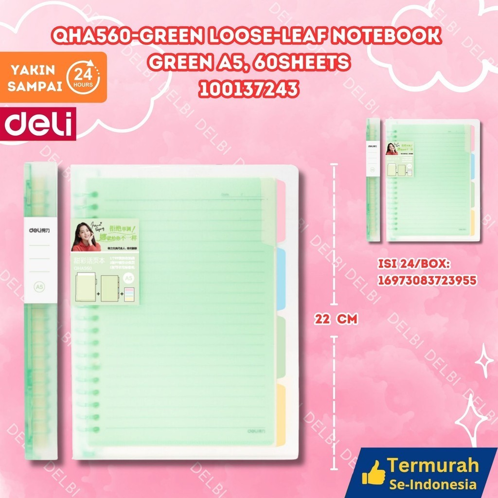 

Deli Buku Vivid Lose Leaf Binder QHA560-GREEN LOOSE-LEAF NOTEBOOK GREEN A5 , 60 SHEETS