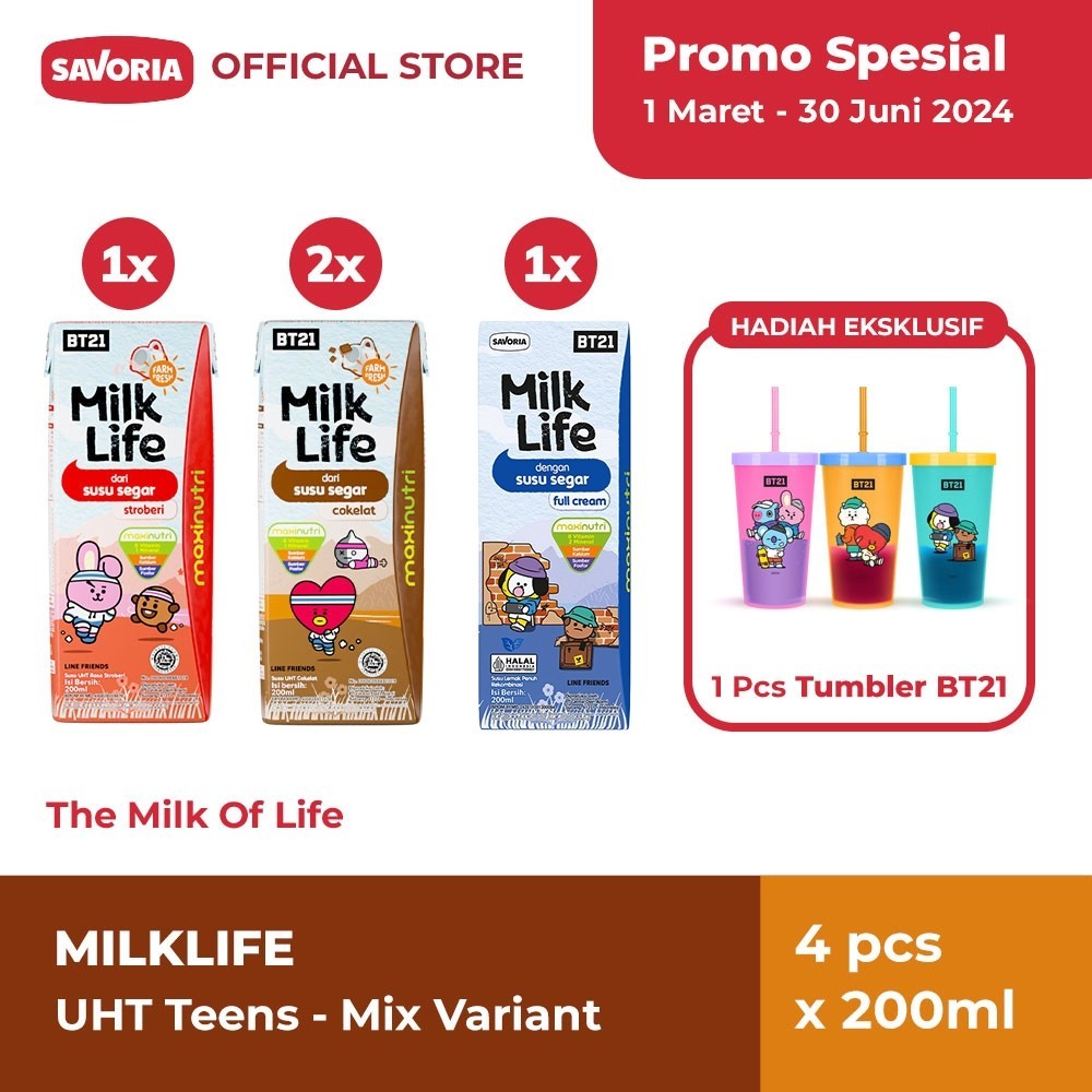 MilkLife UHT Teens Mix Variant 4 Pcs x 200ml + Tumbler BT21