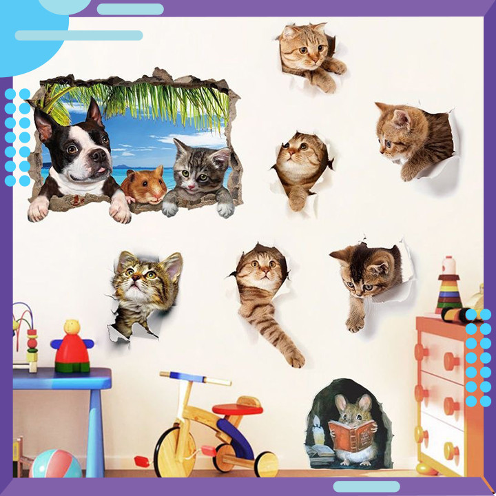 TRS stiker dinding vynil PVC motif kucing 3D lucu untuk dekorasi kulkas / kamar tidur / walpaper din