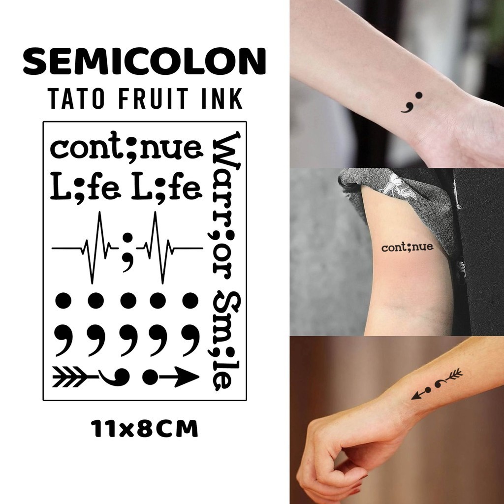 Semicolon Fruit Ink Stiker Tato Semi Permanen Tato Temporer Tahan Lama 15 Hari Tato Waterproof 11x8 