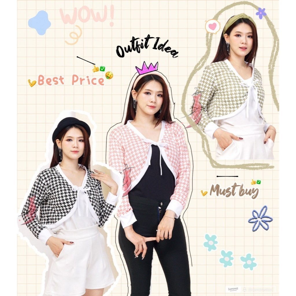 RH - RJD CARDIGAN CROP KNIT WANITA LAUNA / Cardigan NOVA Knit Houndstooth Rib / Cardigan Crop Wanita