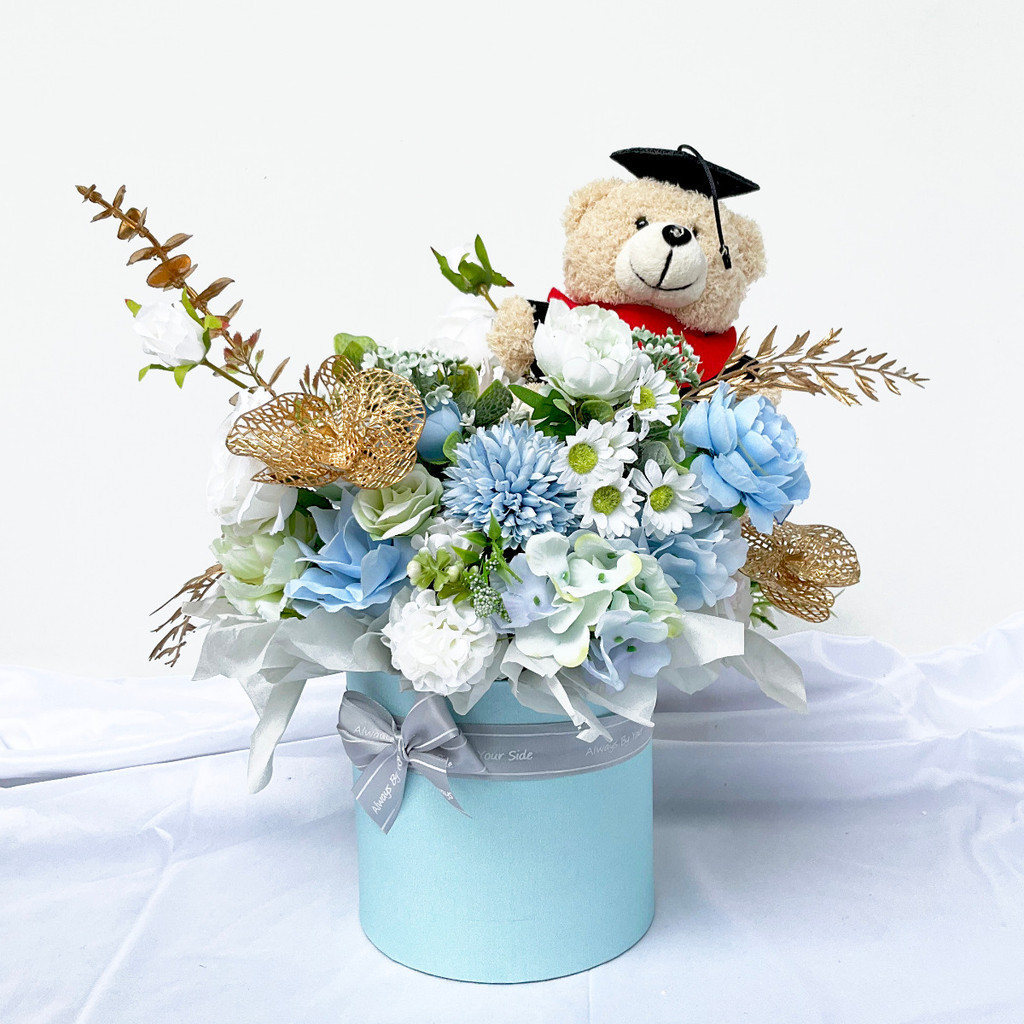 Buket Bloom Box Bunga Wisuda Boneka Artificial Flower Bouquet Graduation Aqua