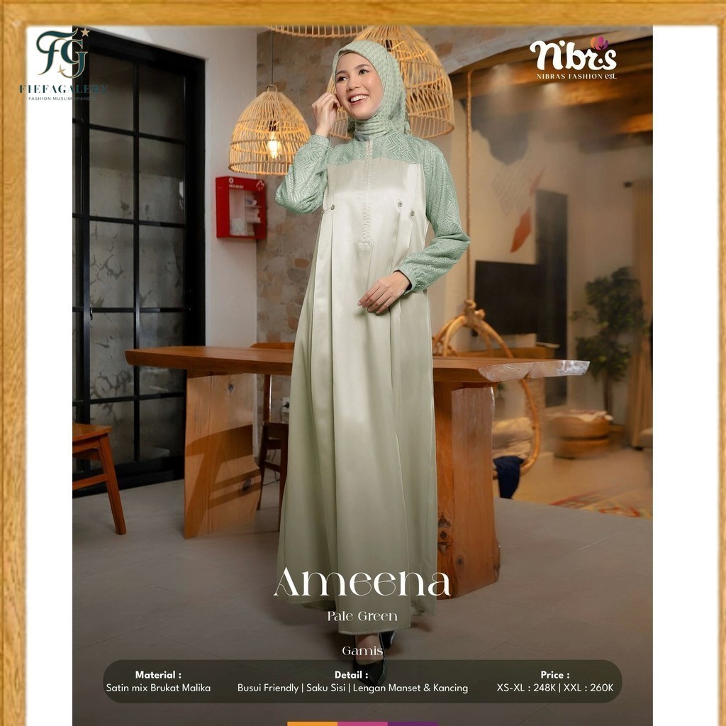 (FG)NIBRAS TERBARU/ Ameena Gamis Wanita Bahan Satin mix Brokat Warna Green Adem dan Tidak Gerah  by 