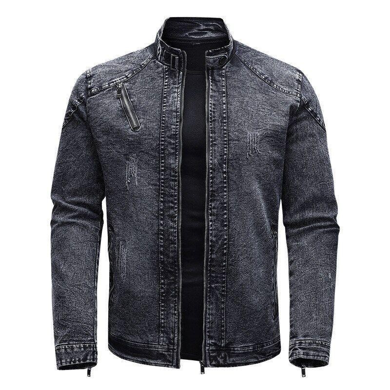 Jaket jeans pria tebal bahan denim kerah tinggi reseleting atasan unisex Eighteen