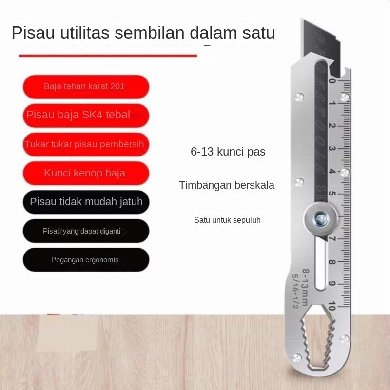 

Pisau Cutter Stainless 9IN1 Multifungsi Anti karat tajam Berpenggaris berlubang tidak mudah jatuh