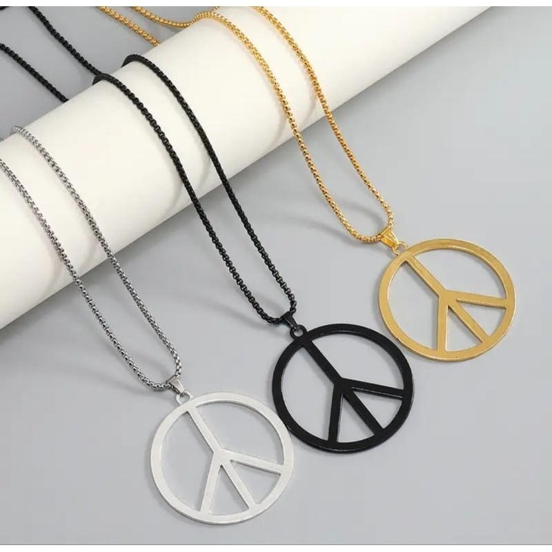 (KL63) KALUNG TITANIUM ROLLO SILVER LIONTIN PEACE UNISEX ANTI KARAT TIDAK LUNTUR-PEACE CHAIN NECKLAC
