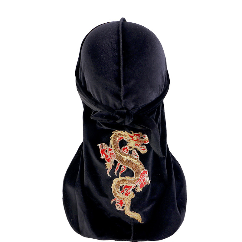 Uni Men Women China Dragon Velvet Durag Bandana Turban Long Tail Headwrap Headband Pirate Hat Cap Ha
