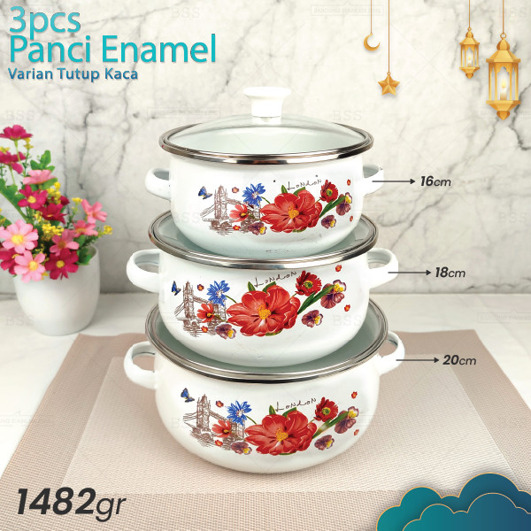 Panci Enamel Set 3pcs Tutup Kaca Masak Sup Soup Motif Cantik Lucu