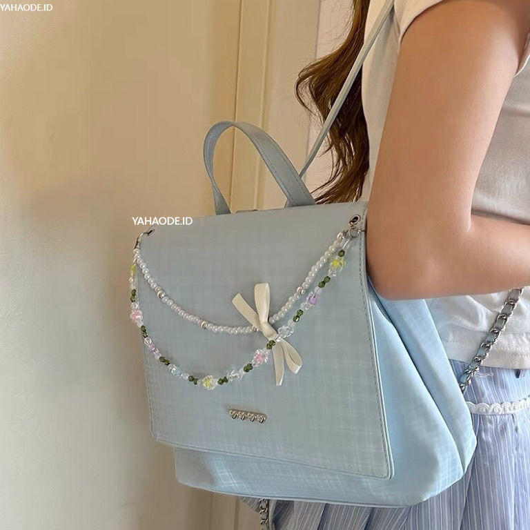 YAHAO-Tas Komuter Kotak-kotak Tas Jinjing Warna Mint Wanita Ransel Rantai Kapasitas Besar Serbaguna 