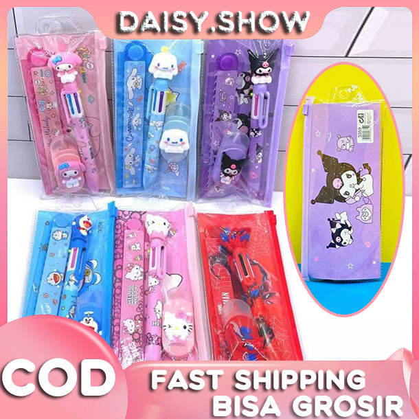 

3 in 1 Set Alat Tulis Anak Penggaris Pensil Karakter Lucu Kuromi Sanrio Set Pouch Plastik