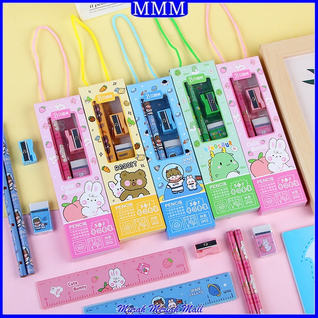 

MMM Stationery Karakter Set 5in1 Alat Tulis Anak Sekolah Penghapus penggaris Pensil Serutan Karakter Lucu Set Alat Tulis Anak Motif Kartun