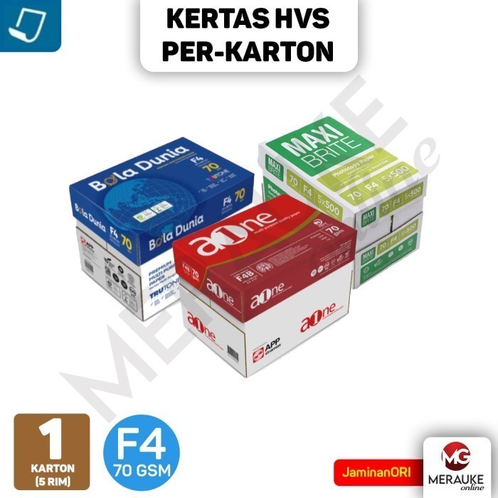 

Kertas HVS / Kertas Fotokopi F4 70 gsm PER-KARTON (1 KARTON isi 5 RIM)