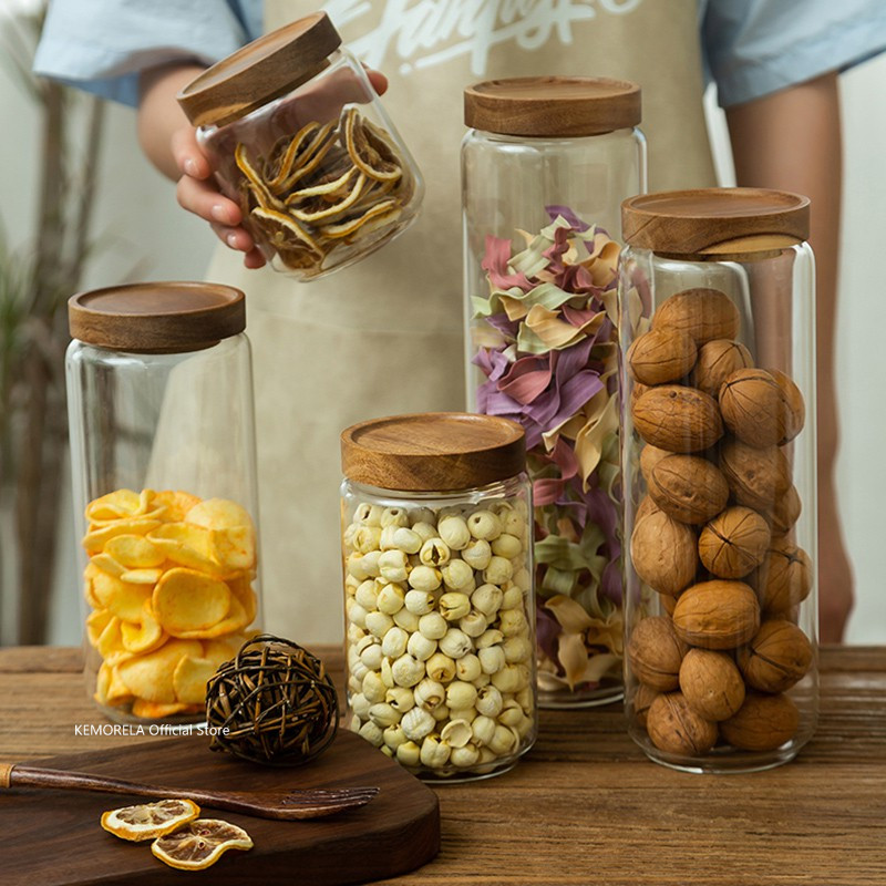 

Wood Lid Glass Airtight Canister Kitchen Storage Bottles Jars Food Container Grains Tea Coffee Beans Grains Candy Jar Containers