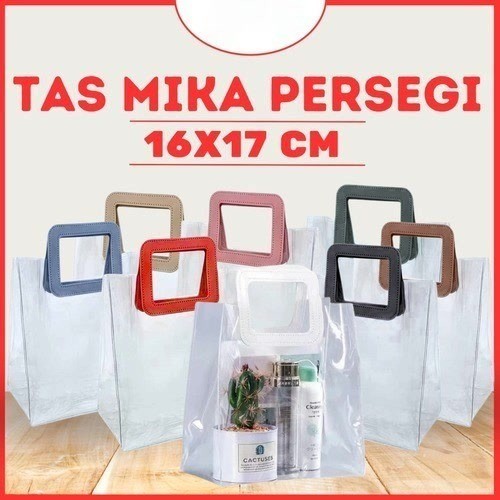 

Tas Mika PVC Transparan Handle Persegi Kulit 17x16cm 17 x 16 cm Leather Goodie Bag Kantong Souvenir Hampers Aksesoris Ulang Tahun Lebaran Aneka Warna Pegangan Premium