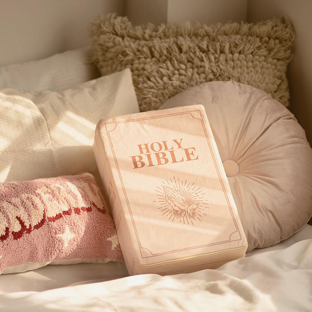 Beige Matthew 6 Holy Bible Book Pillow That Opens with Bible Text Scriptures Christian Gift Stuffed 