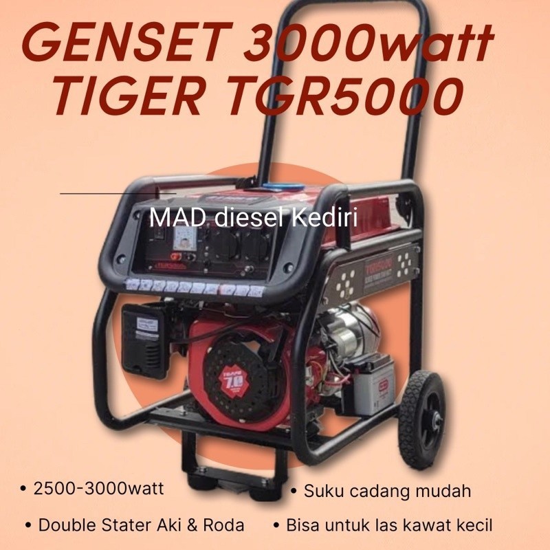 Genset 3000 watt TIGER TGR5000 double stater ada roda dan aki generator listrik