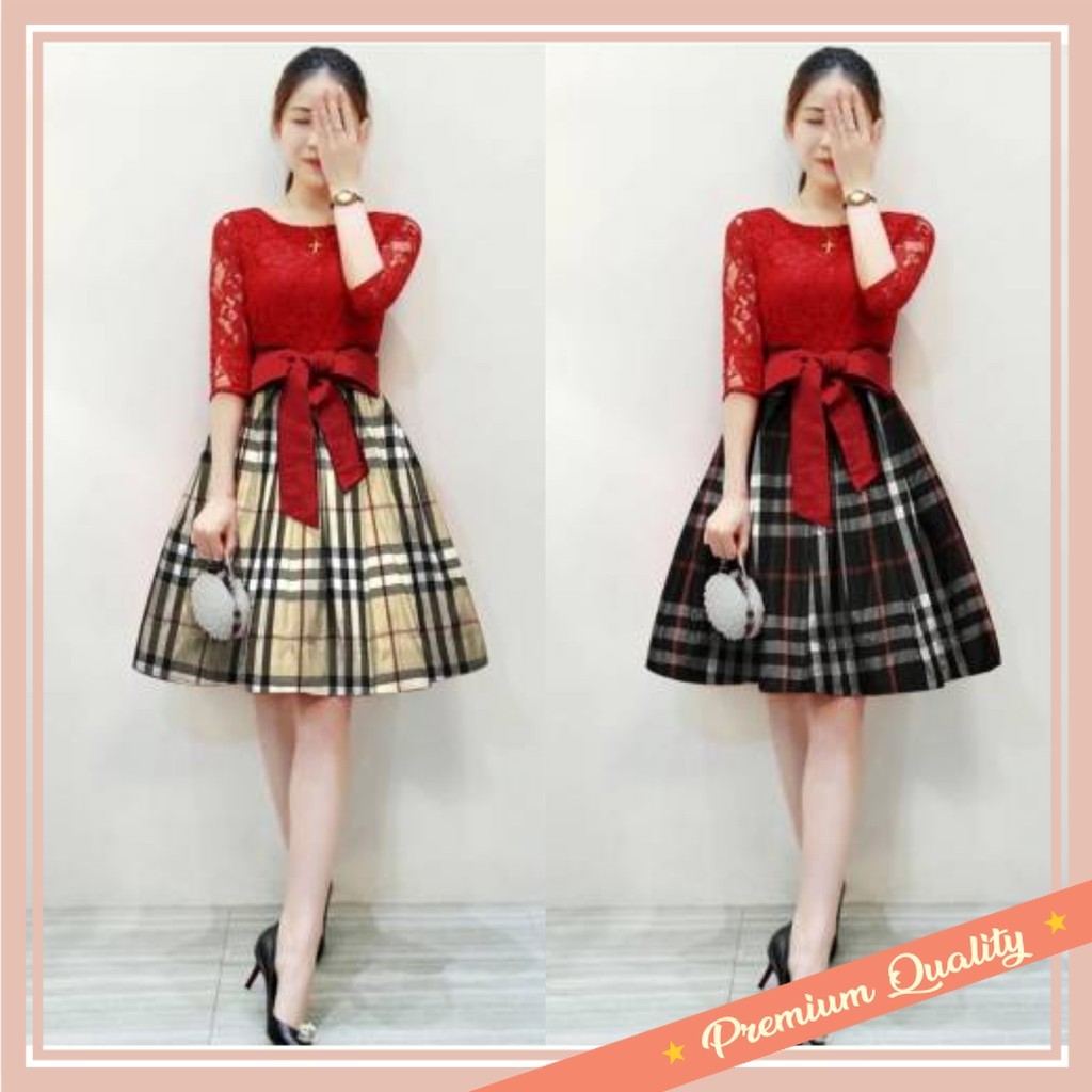 PROMO DRESS NATAL MURAH KEKINIAN KOREAN STYLE / Dress brukat katun kotak DRESS REDMARY Gaun natal ge