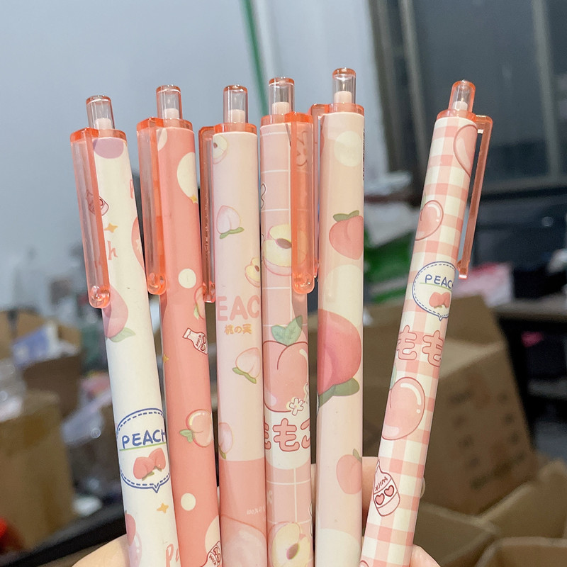 

6pcs Kawaii Pen Cute Pink Peach Pen Black Ink Office School Supplies Pen Set Japanese Stationery Ballpoint Pen Back To School