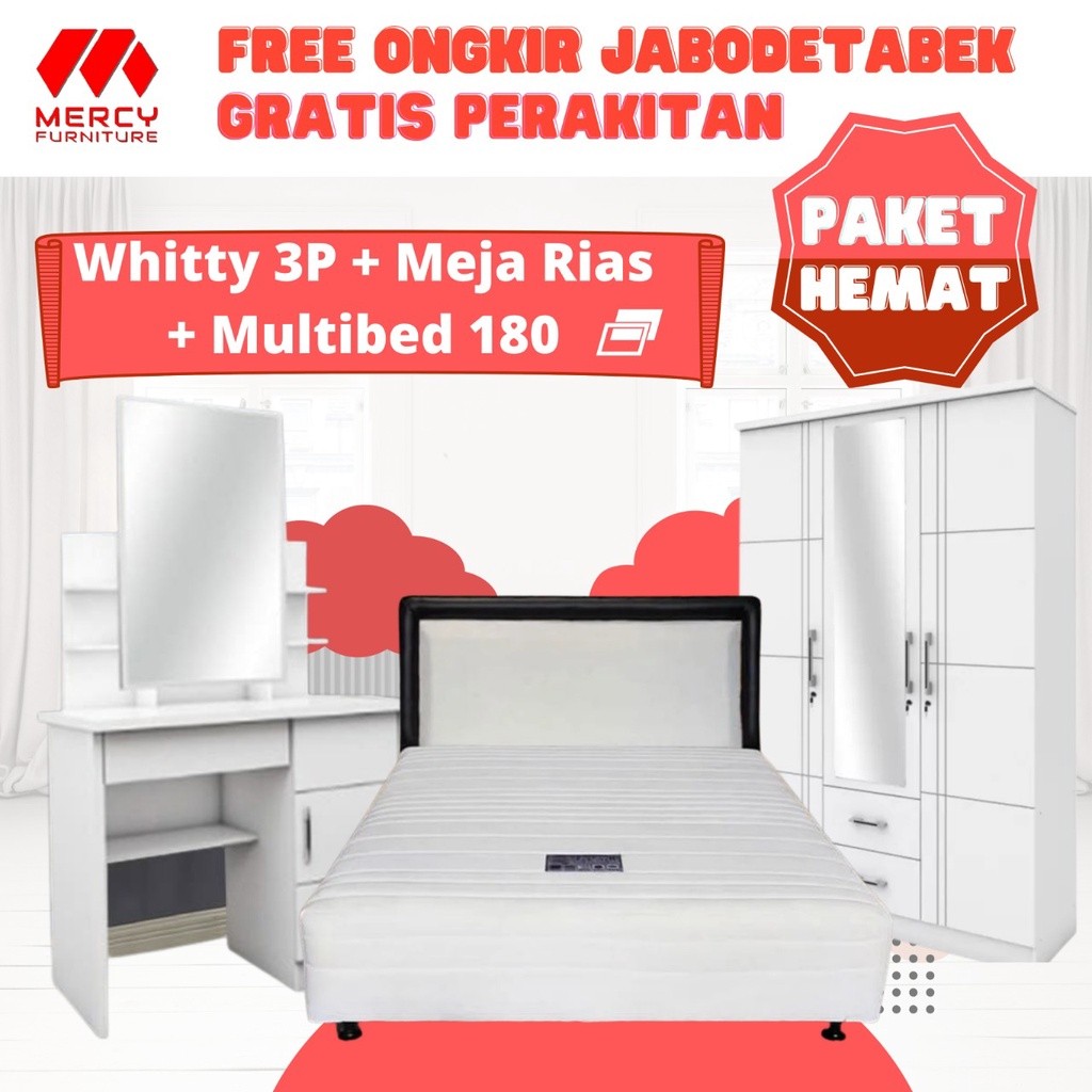 MERCY Paket Hemat Furniture Ruang Kamar Multibed + Lemari Pakaian 3 Pintu + Meja Rias