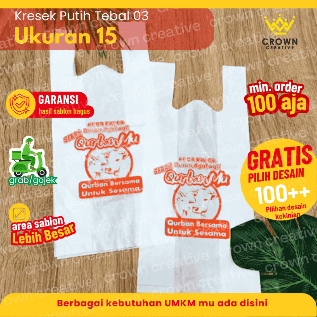 15x30 (sablon) kresek putih tebal 03 / kresek indomaret / kresek supermarket / kresek daging qurban