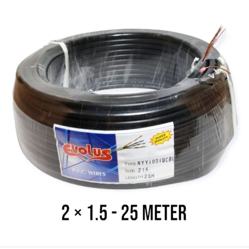 Kabel listrik serabut EVOLUS 2X1,5 25 meter NYY Hitam 1 Roll