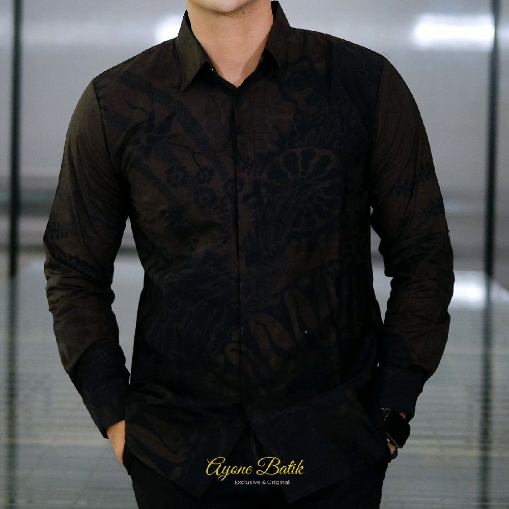 Kemeja Batik Pria Lengan Panjang Warna Coklat hitam Motif USMAN Baju Batik Pria Terbaru Motif Elegan