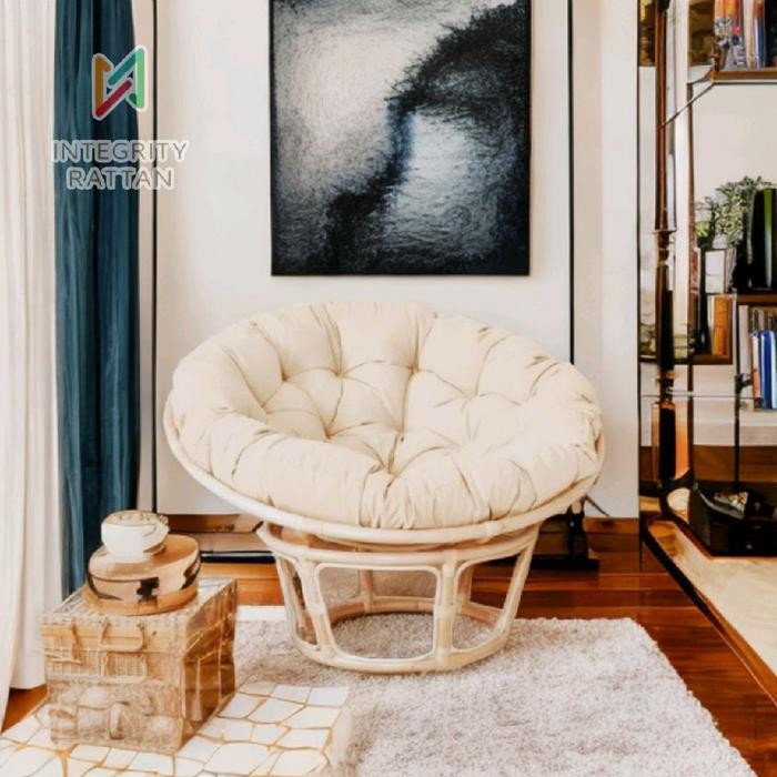 Kursi Teras Bulat Papasan Parabola Minimalis Rotan Alami dengan Cushion dan Bantal Empuk - Putih, Di
