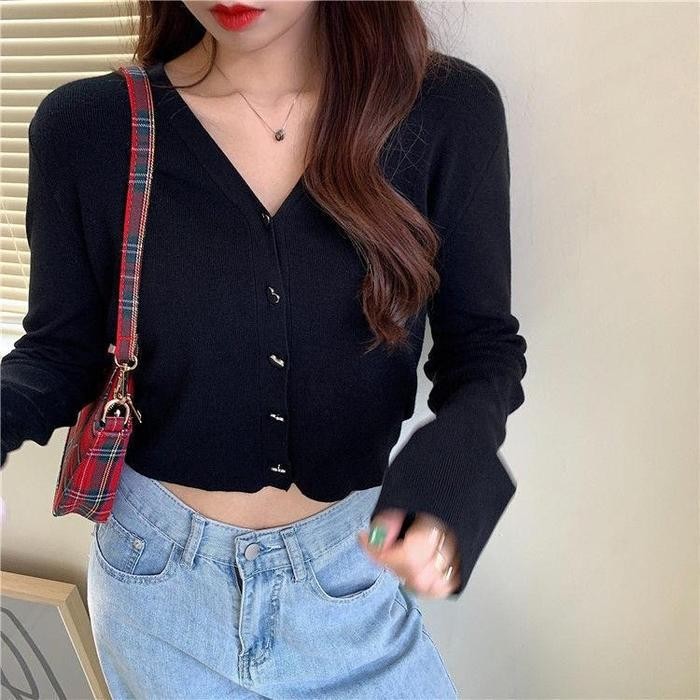 Cardigan Wanita - Outer Lengan Panjang Motif Polos Kancing Love Kualitas Import - HITAM