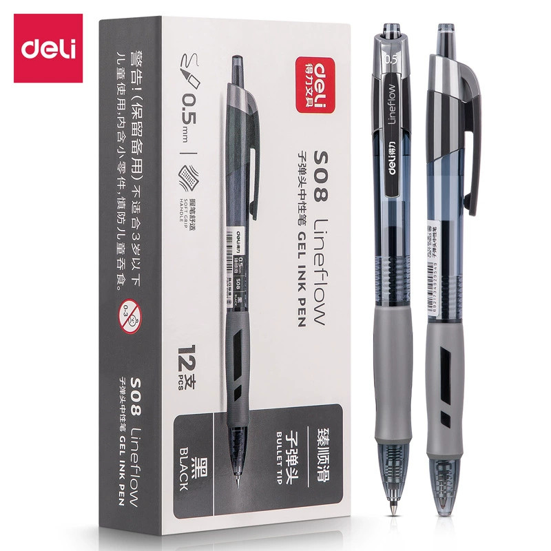 

DELI Gel Ink Pen 0.5 mm 12pcs/Box - Retractable Soft Grip Office Pen with Black/Blue/Red Smooth Ink
