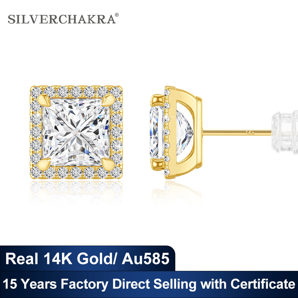 Princess Cut Moissanite 14K Gold Stud Earrings for Women Halo Au585 k Gold Studs Wedding & Engagemen