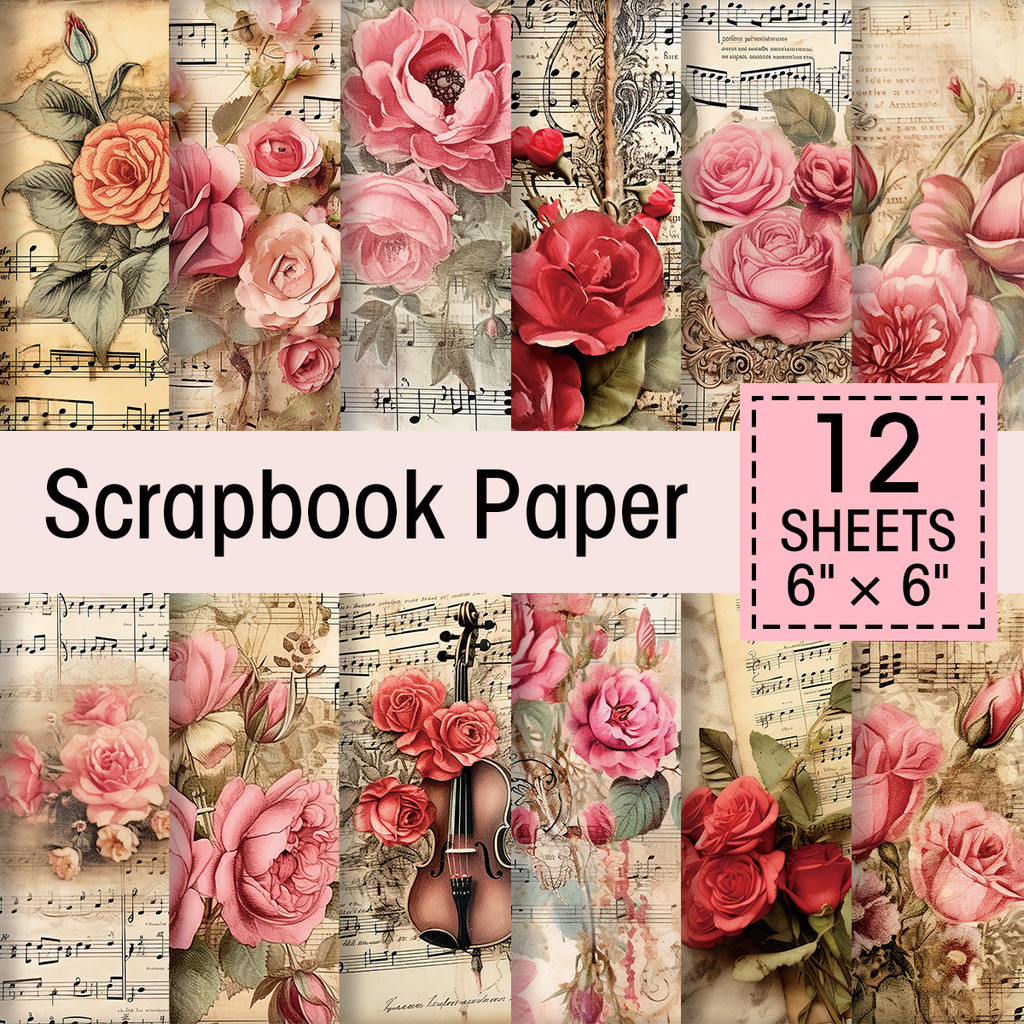 

12pcs Vintage Floral Music Sheets Scrapbook Paper for Wedding,Single-Sided Craft Paper for Journals,Scrapbooking