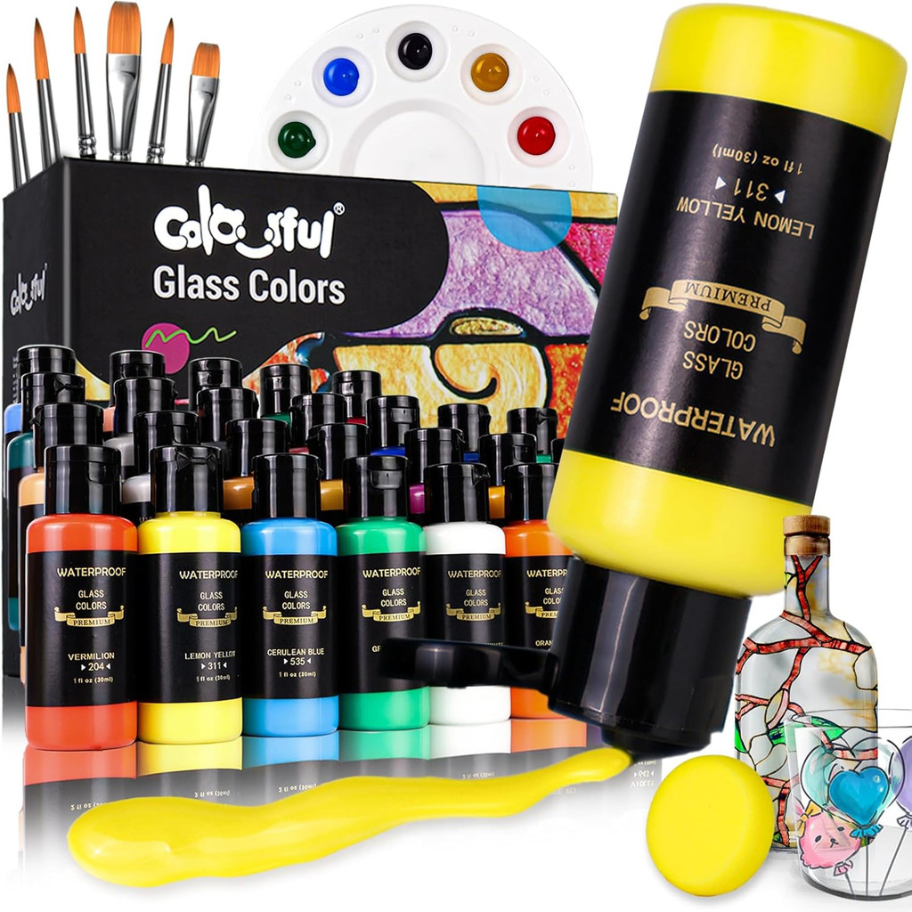 

Colorful 14/26 Colors Stain Glass Paint Set with 6 Brushes, 1 Palette & 1 Sponge, Waterproof Permanent Glass Painting Kit