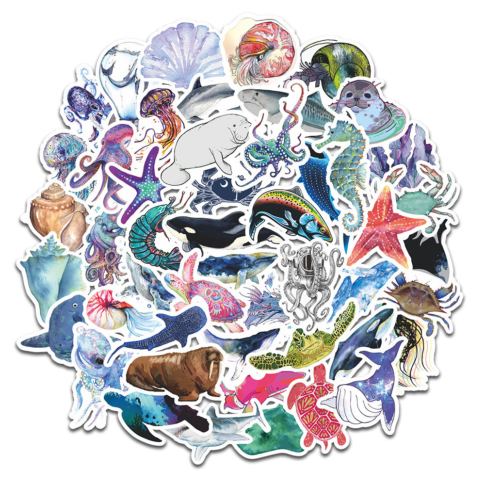 

50PCS Ocean Cartoon Sea Turtle Shrimp Starfish Stickers DIY Laptop Luggage Skateboard Graffiti Decals Fun for Kid Gift