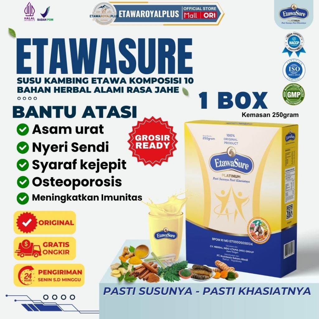 

Etawasure Platinum Susu Kambing Etawa Untuk Pegal Linu Dan Nyeri Sendi Paket 1 Box Kemasan 250gr