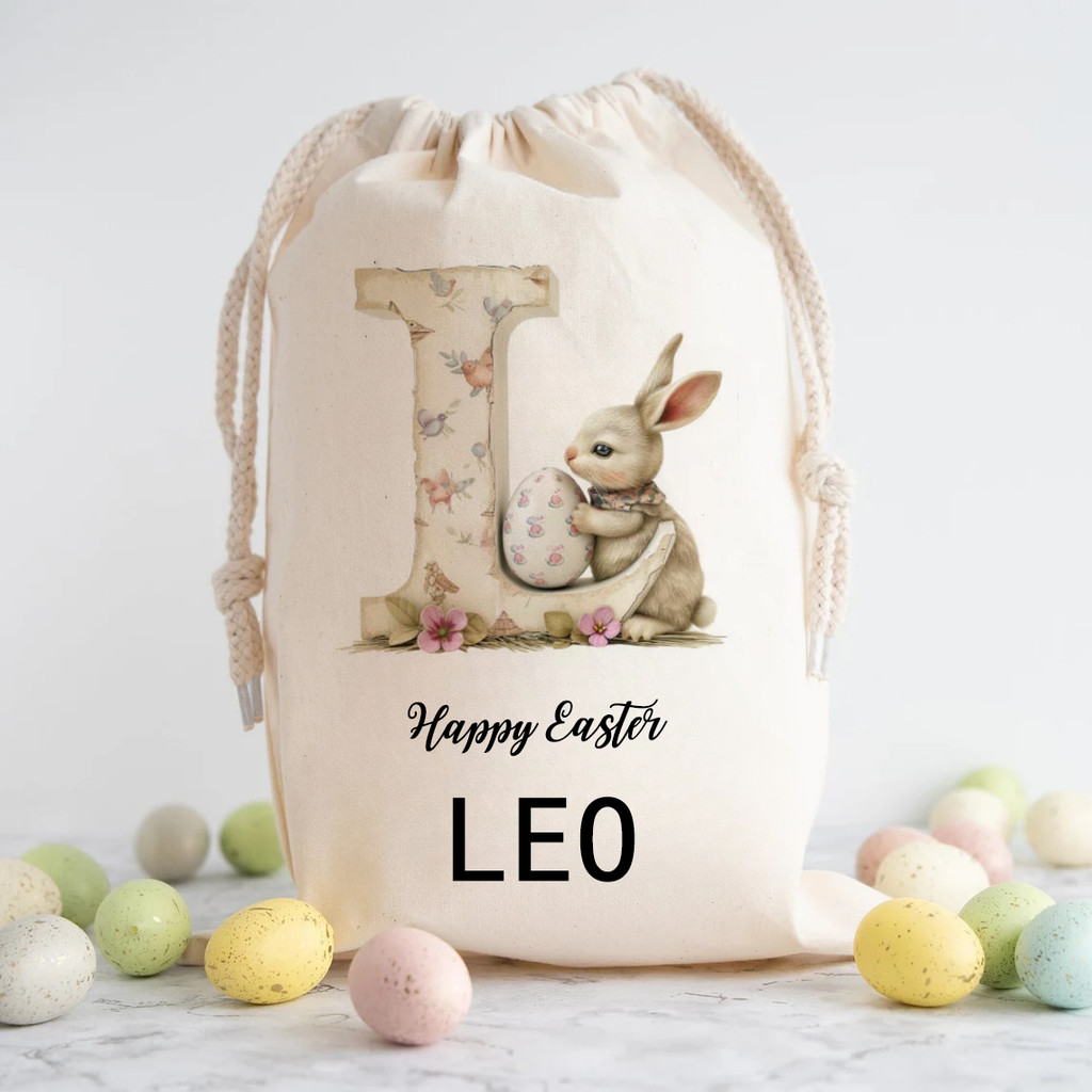 

Personalised Initials Easter Rabbit Gift Bag for Kids Girls Boys Special Delivery Easter Gift Snack Egg Hunt Trail Basket Bucket