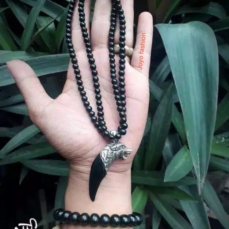 KALUNG TASBIH FOSIL AKAR BAHAR HITAM NATURAL LIONTIN PERAK MODEL TARING MATA KELOR HITAM