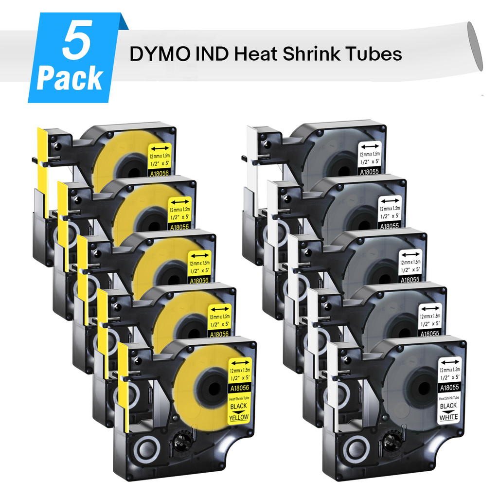 

5PK 6/9/12/18/24mm Ribbon Compatible for DYMO Rhino Heat Shrink Tube 18052 18055 18056 for Dymo 4200 6000 5200 Label Printer