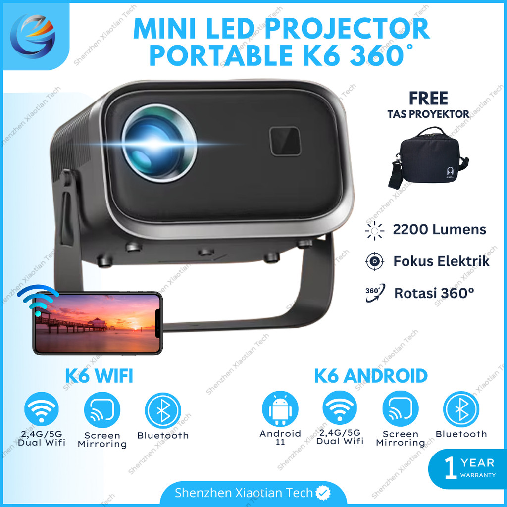 Proyektor Mini Portable K6A Android Wifi 2200 Lumens 360° Rotating | Proyektor Mini K6S Wifi Mirrori