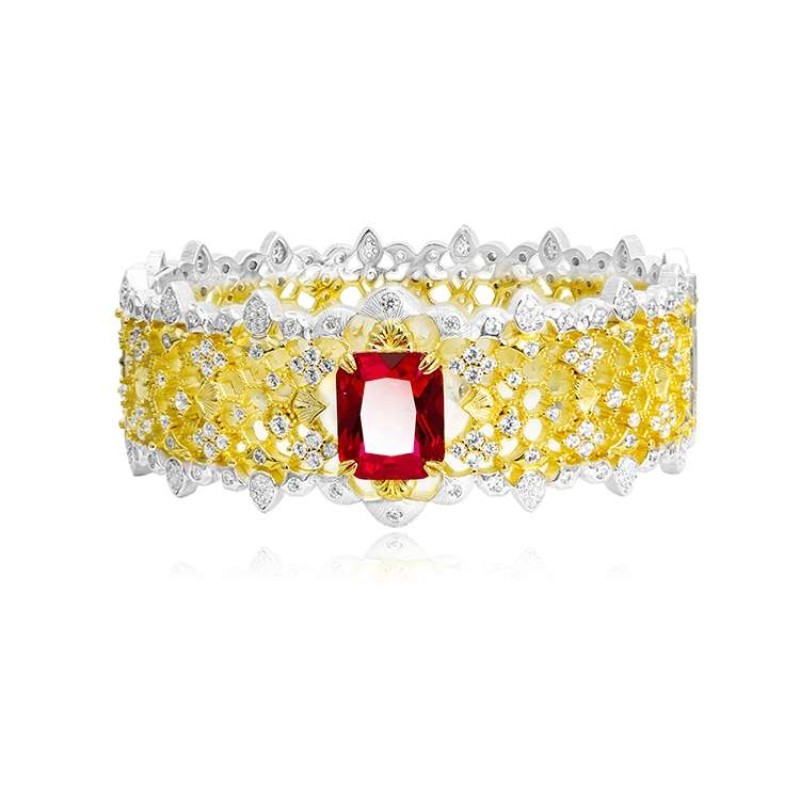 ZOCA 925 Sterling Silver Real Cultivate Lab Pigeon Blood Red Ruby Emerald Cut Diamond Gemstone Brace