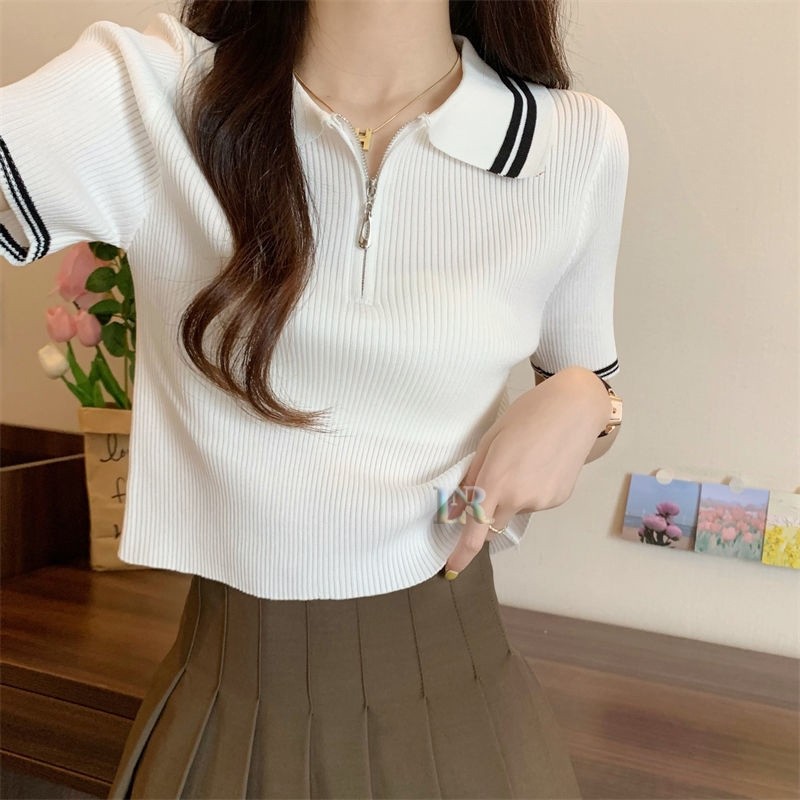 Atasan Rajut untuk Wanita Dewasa dengan Kerah dan Resleting Import Lengan Pendek Blouse Knit Korean 