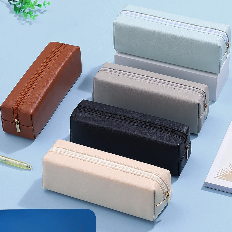 

PU Leather Large Capacity Pencil Bag Korean Stationery Holder Case Storage Box Zipper Pencil Pouch Student School Supplies