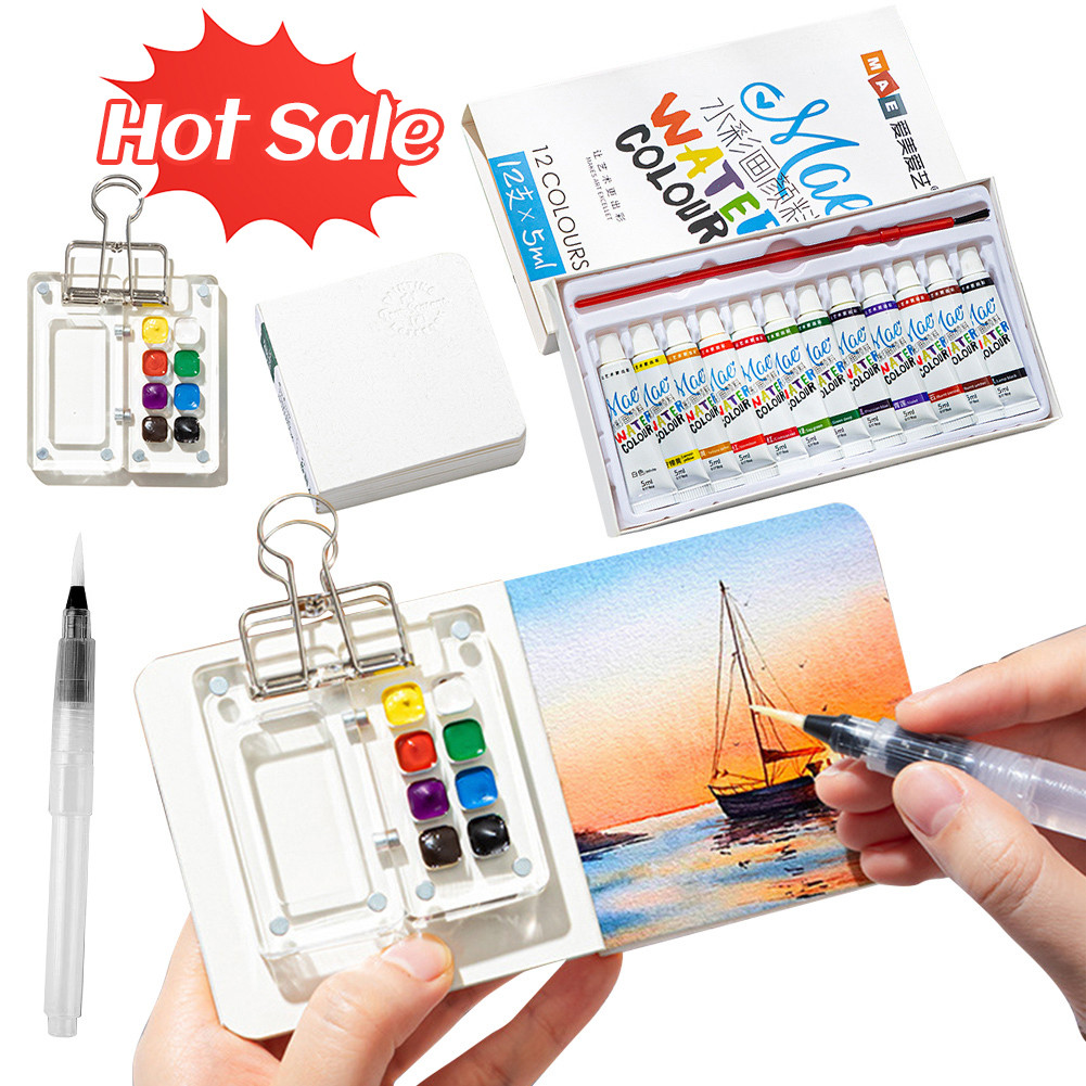 

Mini Portable Watercolor Palette Set Watercolor Sketch Book with Binder Clip Portable Sketchbook Palette Set Watercolor Brush