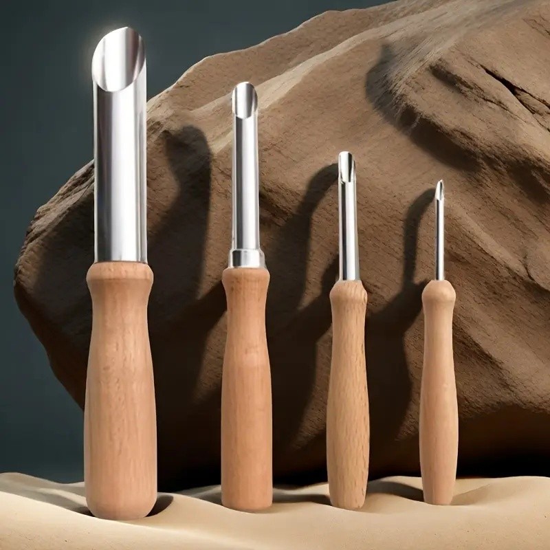 

4 PCS Wooden handle carving tools and soil extruders are used for drilling holes in ceramic crafts and jewelry production
