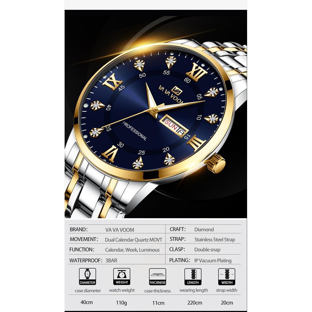 Jam Tangan Analog Date Pria VAVAVOOM 2461 Stainless Steel Water Resist 3 ATM Original Diameter 40 mm