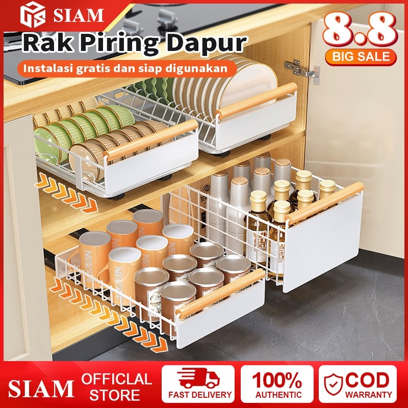 NEW PRODUK Rak Piring Tarik Tarik Keranjang Bumbu Geser Laci Penyimpanan Lemari Geser Laci Rak Dapur