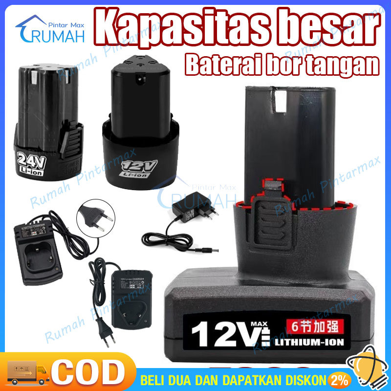 Baterai Mesin Bor Cas 12 Volt 7800mAh Cordless Drill+Charger/baterai lithium yang dapat diisi ulang 