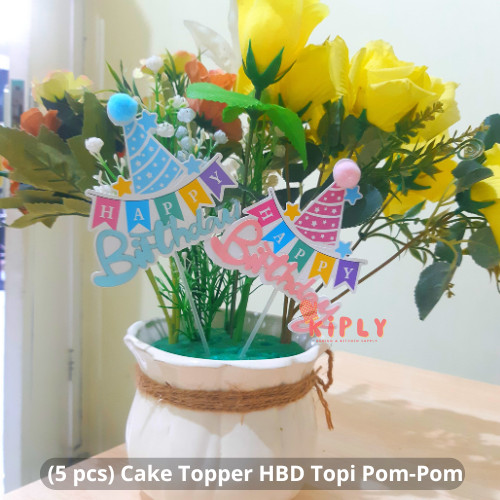 

(5 pcs) Cake Topper HBD Topi Pom-Pom/Cake Topper Ulang Tahun