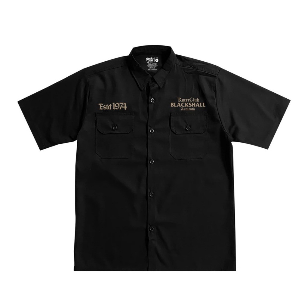 AXULE Blackshall - Baju Kemeja Pria Workshirt Lengan Pendek Hitam Premium Bahan Adem & Nyaman Kancin